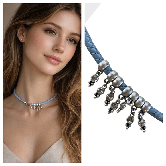 Jewelry - Women's Blue Faux Leather  Choker Necklace with Key and Flower Charms